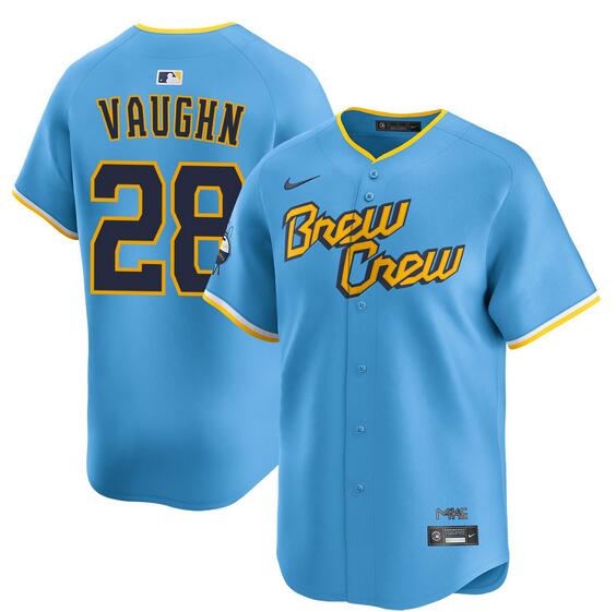 Men's Milwaukee Brewers #28 Andrew Vaughn Powder Blue City Connect Limited Stitched Baseball Jersey Men's Milwaukee Brewers #28 Andrew Vaughn Powder Blue City Connect Limited Stitched Baseball Jersey